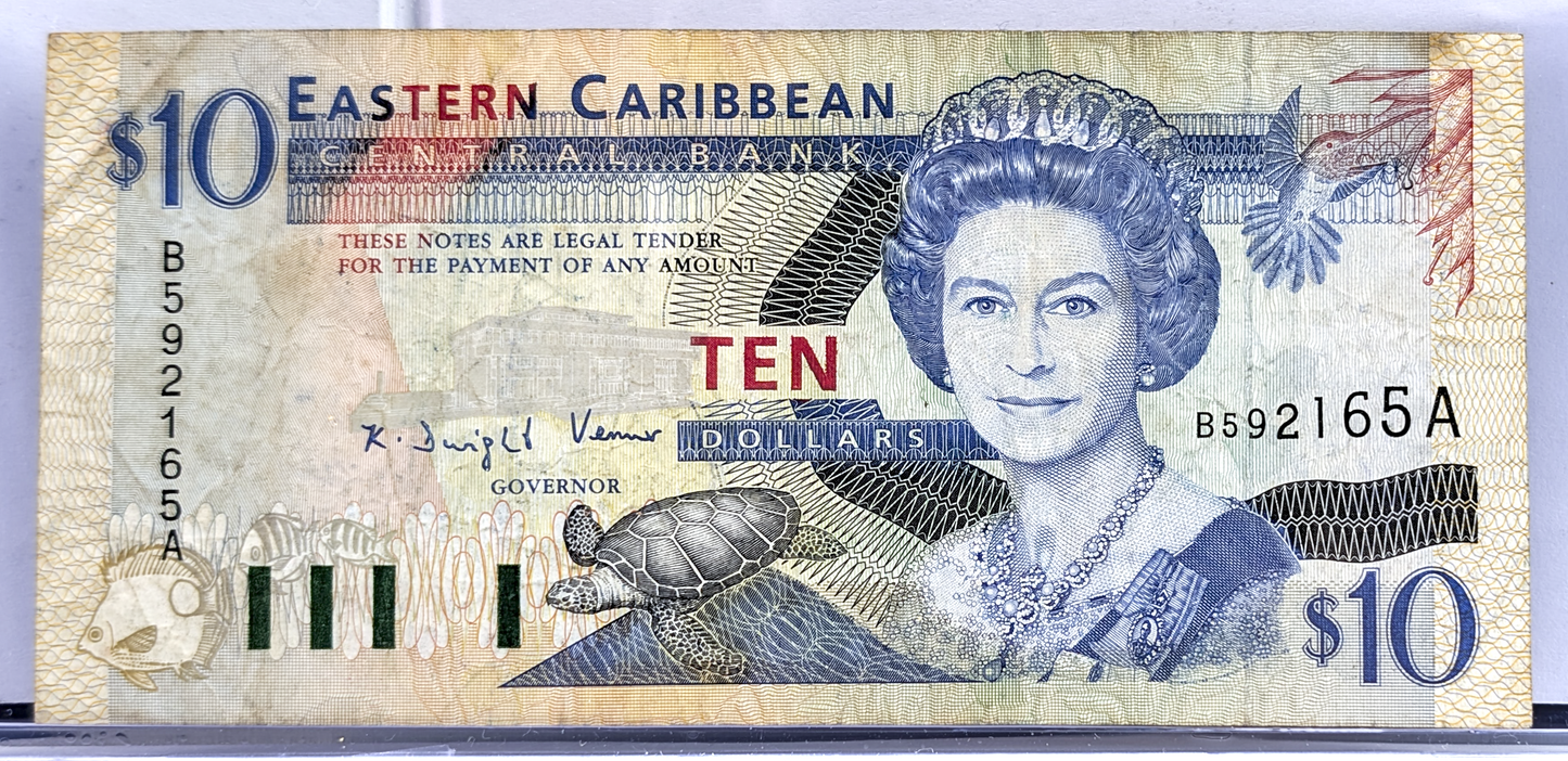 1994 (N.D.) East Caribbean Central Bank 10 Dollar Note - No Underlay, Antiqua Issue - 1994 British Caribbean Ten Dollars Note - P#32a