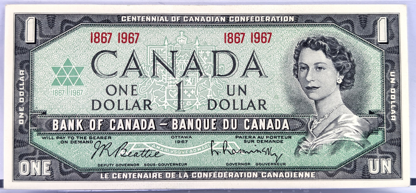 1967 Canadian Commemorative Centennial 1 Dollar Banknote - 1867-1967 Serial Numbers - 1967 Bank of Canada Centennial One Dollar Note - P#84a