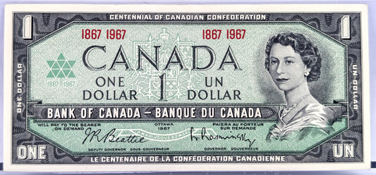 1967 Canadian Commemorative Centennial 1 Dollar Banknote - 1867-1967 Serial Numbers - 1967 Bank of Canada Centennial One Dollar Note - P#84a