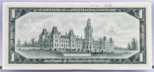 1967 Canadian Commemorative Centennial 1 Dollar Banknote - 1867-1967 Serial Numbers - 1967 Bank of Canada Centennial One Dollar Note - P#84a