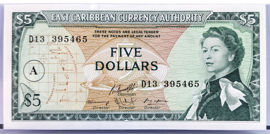 1965 East Caribbean States 5 Dollar Banknote - A Overprint, Antigua Issue - 1965 British East Caribbean Five Dollars Note - P#14i