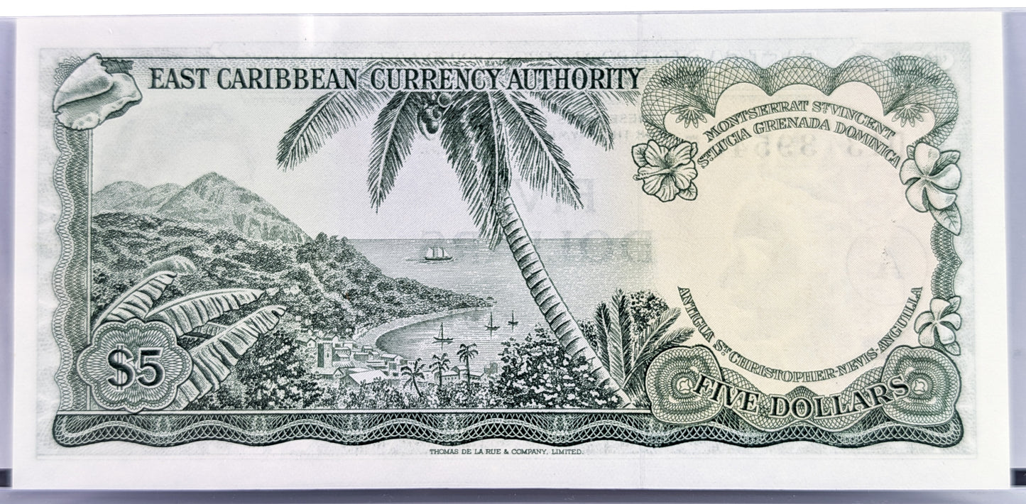 1965 East Caribbean States 5 Dollar Banknote - A Overprint, Antigua Issue - 1965 British East Caribbean Five Dollars Note - P#14i