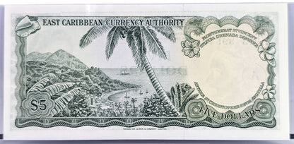1965 East Caribbean States 5 Dollar Banknote - A Overprint, Antigua Issue - 1965 British East Caribbean Five Dollars Note - P#14i