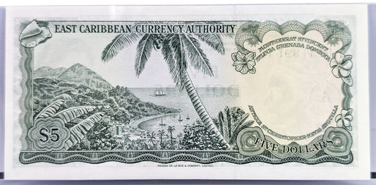 1965 East Caribbean States 5 Dollar Banknote - A Overprint, Antigua Issue - 1965 British East Caribbean Five Dollars Note - P#14i