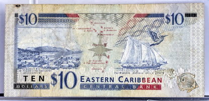 1994 (N.D.) East Caribbean Central Bank 10 Dollar Note - No Underlay, Antiqua Issue - 1994 British Caribbean Ten Dollars Note - P#32a