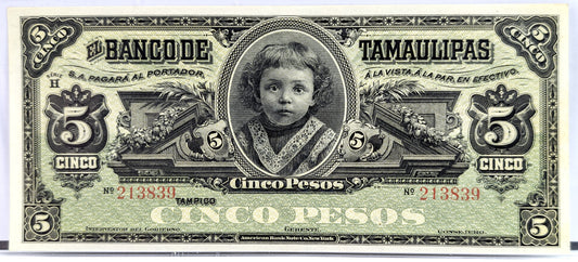 RARE 1914 Tamaulipas Revolutionary 5 Pesos Note - Uncirculated (UNC) Remainder - 1914 Mexico Revolution Tampico Five Pesos Note - P#S429r