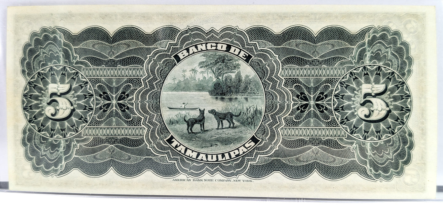 RARE 1914 Tamaulipas Revolutionary 5 Pesos Note - Uncirculated (UNC) Remainder - 1914 Mexico Revolution Tampico Five Pesos Note - P#S429r