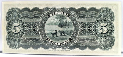 RARE 1914 Tamaulipas Revolutionary 5 Pesos Note - Uncirculated (UNC) Remainder - 1914 Mexico Revolution Tampico Five Pesos Note - P#S429r