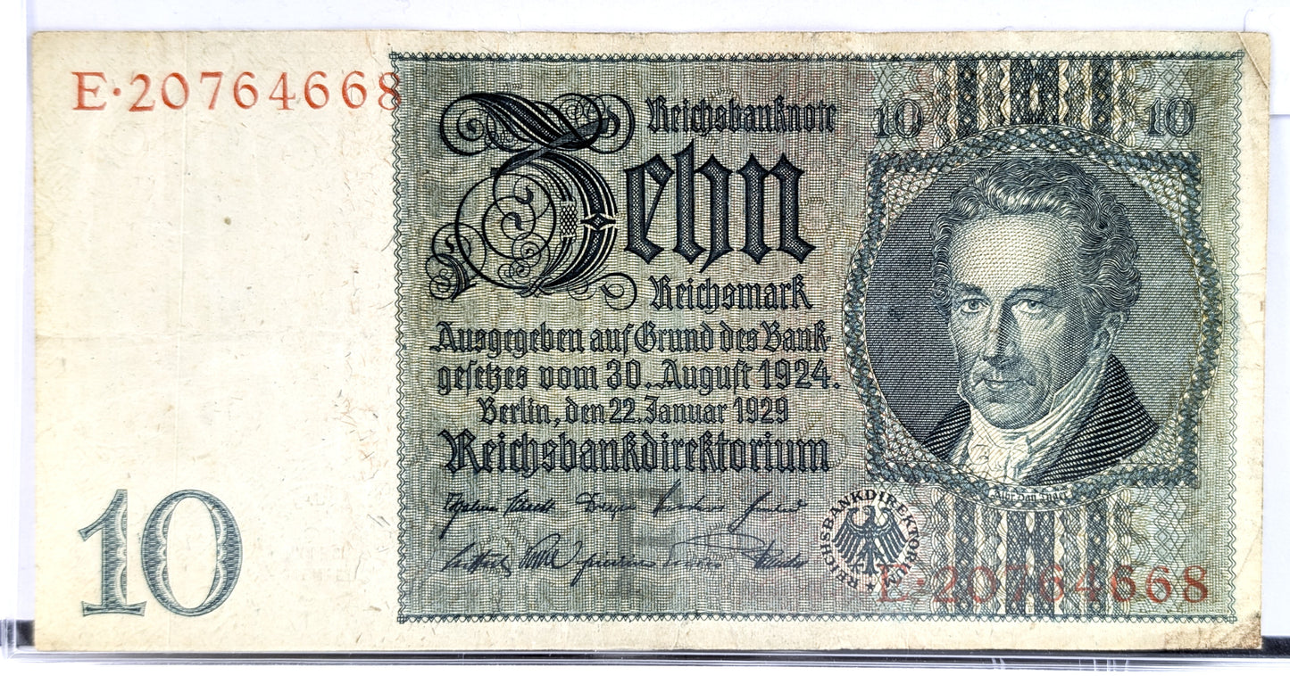 1929 10 Reichsmark German Bank Note - 1929 Reichsbanknote Reichsmark Note - Choice of Grade - 1929 Ten Reichsmark Note - P#180a