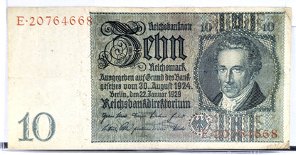 1929 10 Reichsmark German Bank Note - 1929 Reichsbanknote Reichsmark Note - Choice of Grade - 1929 Ten Reichsmark Note - P#180a