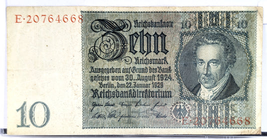 1929 10 Reichsmark German Bank Note - 1929 Reichsbanknote Reichsmark Note - Choice of Grade - 1929 Ten Reichsmark Note - P#180a