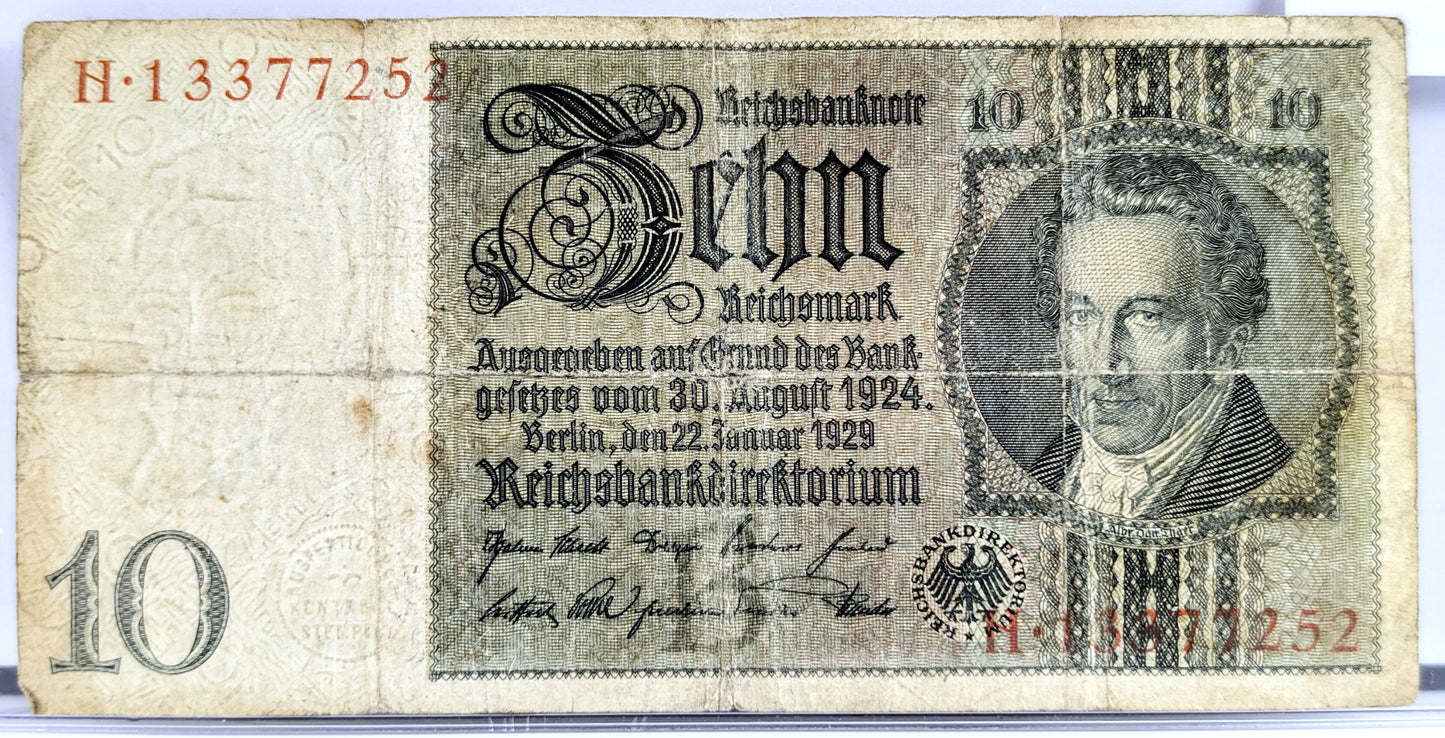 1929 10 Reichsmark German Bank Note - 1929 Reichsbanknote Reichsmark Note - Choice of Grade - 1929 Ten Reichsmark Note - P#180a