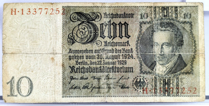 1929 10 Reichsmark German Bank Note - 1929 Reichsbanknote Reichsmark Note - Choice of Grade - 1929 Ten Reichsmark Note - P#180a