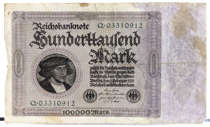 1923 Germany 100,000 Mark Banknote - Reichsbanknote - Inflation Note - 8-Digit Serial - 1923 One Hundred Thousand Marks Note - P#83a.2