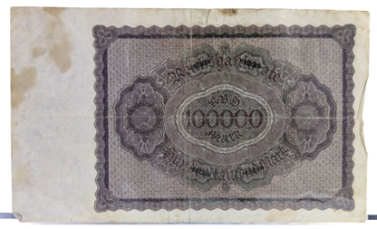 1923 Germany 100,000 Mark Banknote - Reichsbanknote - Inflation Note - 8-Digit Serial - 1923 One Hundred Thousand Marks Note - P#83a.2