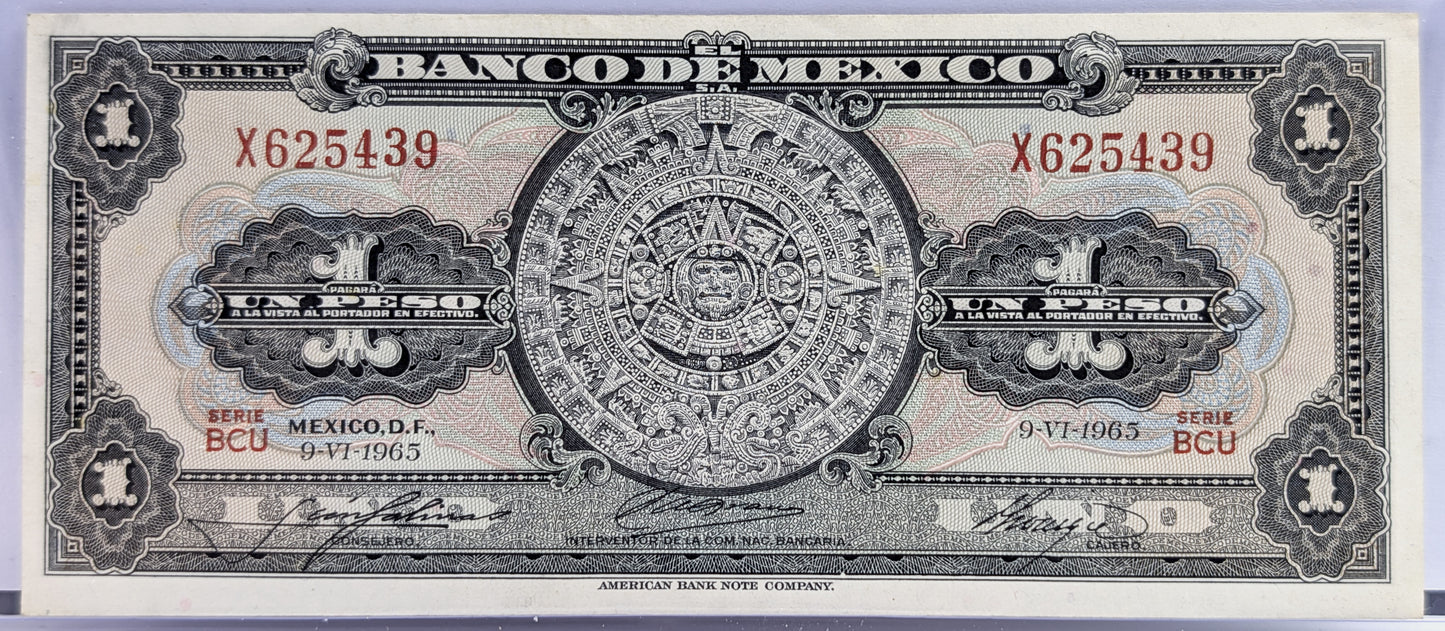 Bank of Mexico 1 Peso Bank Note - Aztec Calendar Design - Choose by Year - Banco de Mexico One Peso Aztec Calander Note - 1948-1965