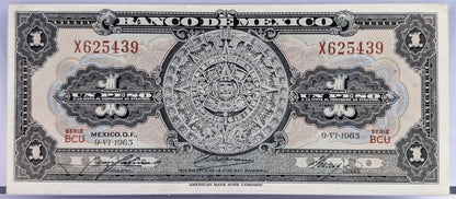 Bank of Mexico 1 Peso Bank Note - Aztec Calendar Design - Choose by Year - Banco de Mexico One Peso Aztec Calander Note - 1948-1965
