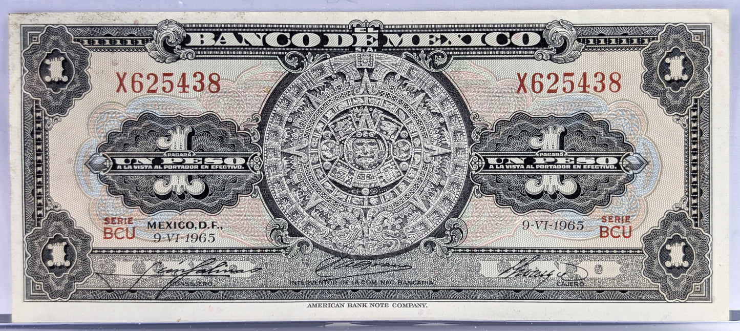 Bank of Mexico 1 Peso Bank Note - Aztec Calendar Design - Choose by Year - Banco de Mexico One Peso Aztec Calander Note - 1948-1965