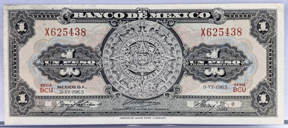 Bank of Mexico 1 Peso Bank Note - Aztec Calendar Design - Choose by Year - Banco de Mexico One Peso Aztec Calander Note - 1948-1965