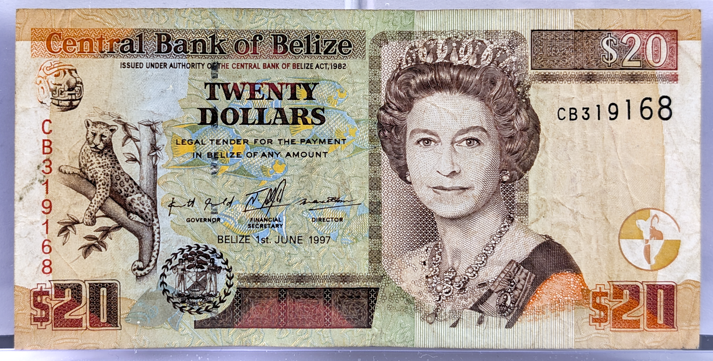 1997 Central Bank of Belize 20 Dollar Note - First Issue, High Denomination - 1997 British Belize Twenty Dollars Banknote - P#63a