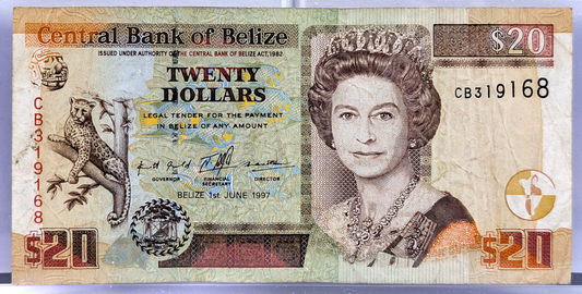 1997 Central Bank of Belize 20 Dollar Note - First Issue, High Denomination - 1997 British Belize Twenty Dollars Banknote - P#63a