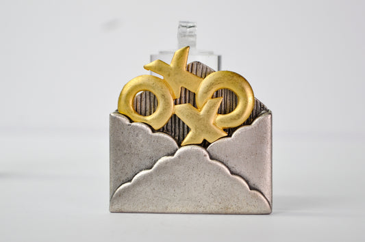 Cute AJMC Hugs and Kisses Pewter Brooch - Valentine's Day Pin - Vintage American Jewelry Manufacture Co. XOXO Love Letter Pin