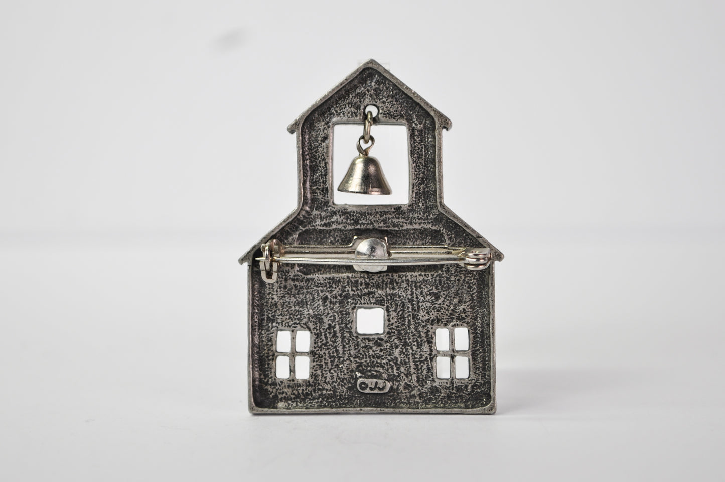 JJ Jonette Vintage Articulated School House and Bell Pewter Brooch - Vintage Articulated Jonette Jewelry Schoolhouse Pin