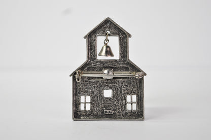 JJ Jonette Vintage Articulated School House and Bell Pewter Brooch - Vintage Articulated Jonette Jewelry Schoolhouse Pin