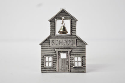 JJ Jonette Vintage Articulated School House and Bell Pewter Brooch - Vintage Articulated Jonette Jewelry Schoolhouse Pin