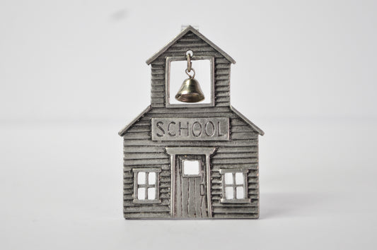 JJ Jonette Vintage Articulated School House and Bell Pewter Brooch - Vintage Articulated Jonette Jewelry Schoolhouse Pin
