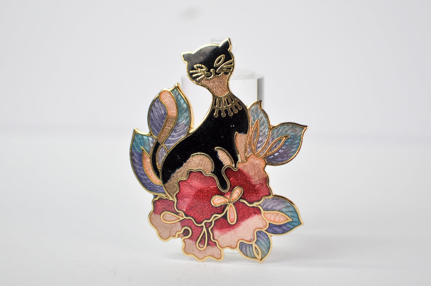 Whimsical Genuine Cloisonne Enamel Black Cat and Orchid Flower Brooch - Vintage 1980s Kitty Flower Bouquet Cloisonne Pin