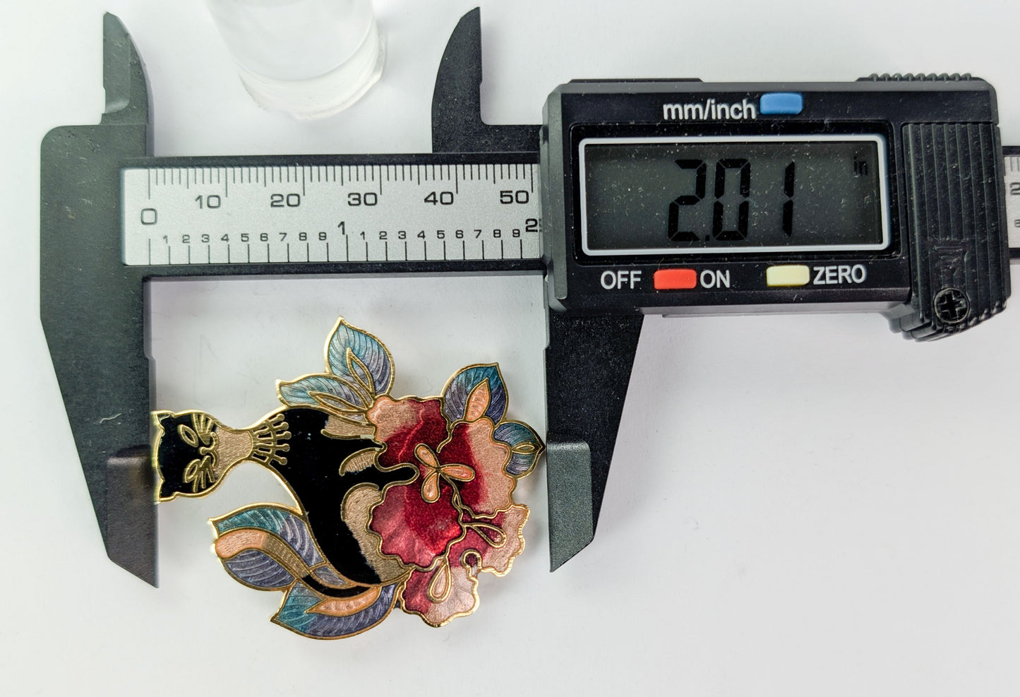 Whimsical Genuine Cloisonne Enamel Black Cat and Orchid Flower Brooch - Vintage 1980s Kitty Flower Bouquet Cloisonne Pin