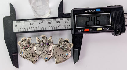 Adorable Live Laugh Love Hearts and Angels Pewter Brooch - Aurora Borealis Gemstones - Vintage Three Hearts Live Laugh Love Pin