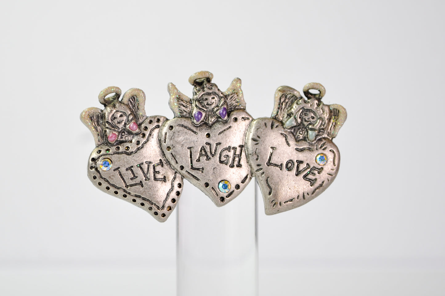 Adorable Live Laugh Love Hearts and Angels Pewter Brooch - Aurora Borealis Gemstones - Vintage Three Hearts Live Laugh Love Pin