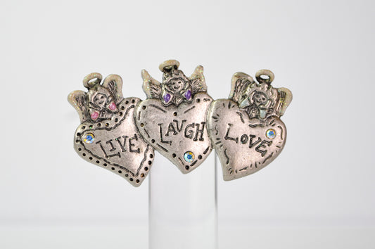 Adorable Live Laugh Love Hearts and Angels Pewter Brooch - Aurora Borealis Gemstones - Vintage Three Hearts Live Laugh Love Pin