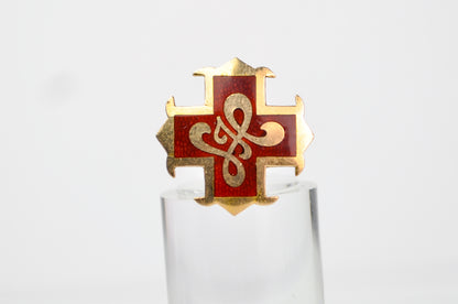 Vintage 10K Gold J. H. Monogram Red Enamel Cross Lapel Pin - M. A. F. 1956 Engraved - Boston Made - Ten Karat Gold Red Cross Brooch