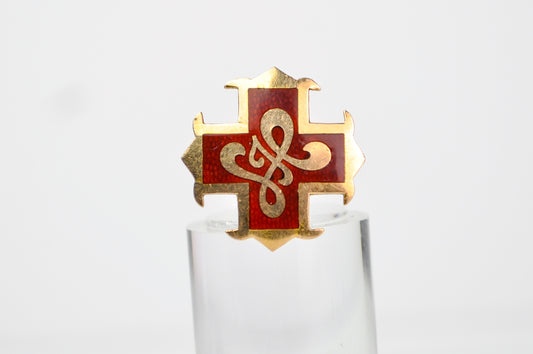 Vintage 10K Gold J. H. Monogram Red Enamel Cross Lapel Pin - M. A. F. 1956 Engraved - Boston Made - Ten Karat Gold Red Cross Brooch