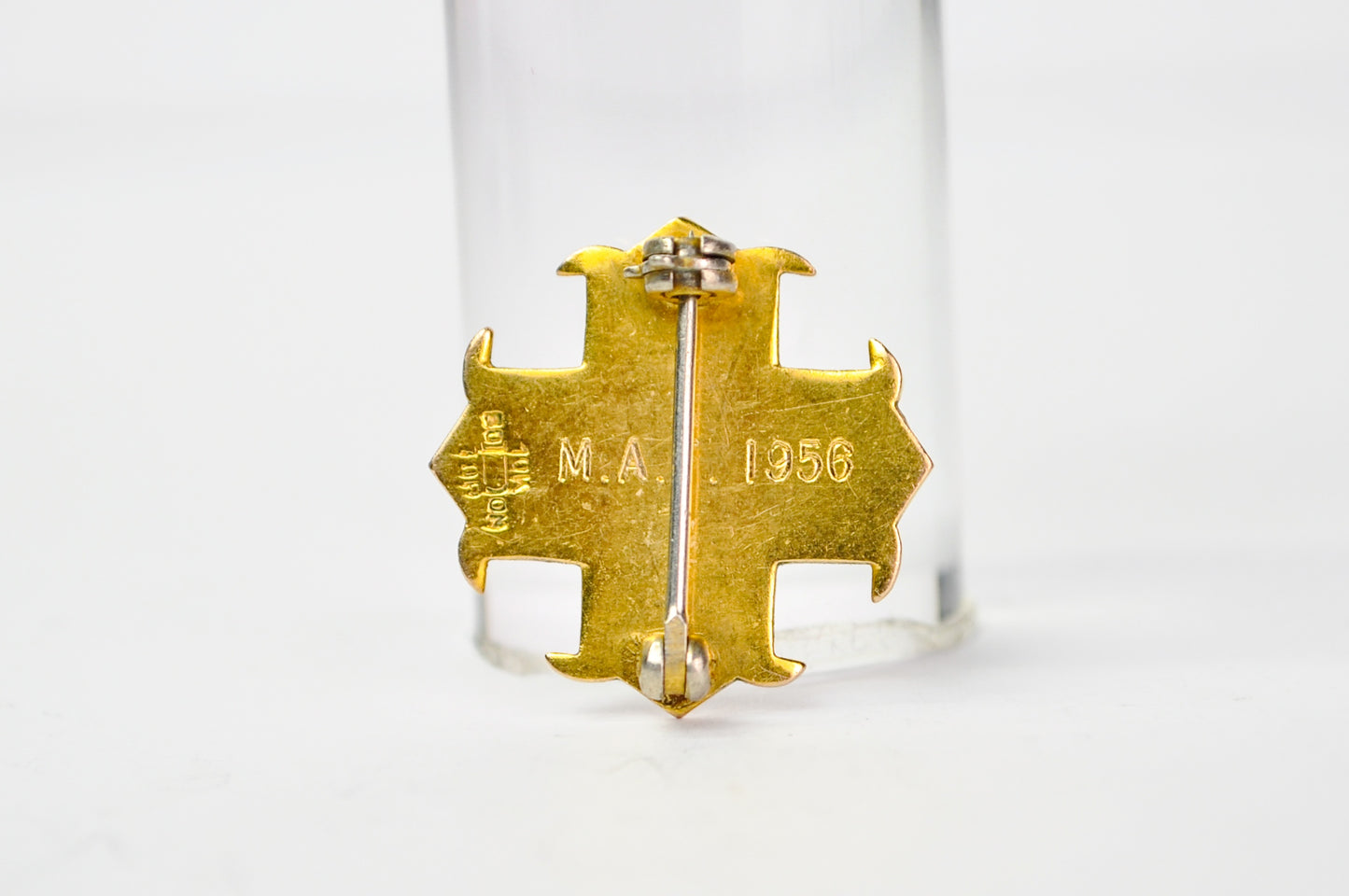 Vintage 10K Gold J. H. Monogram Red Enamel Cross Lapel Pin - M. A. F. 1956 Engraved - Boston Made - Ten Karat Gold Red Cross Brooch