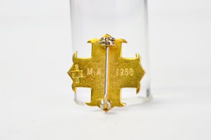 Vintage 10K Gold J. H. Monogram Red Enamel Cross Lapel Pin - M. A. F. 1956 Engraved - Boston Made - Ten Karat Gold Red Cross Brooch