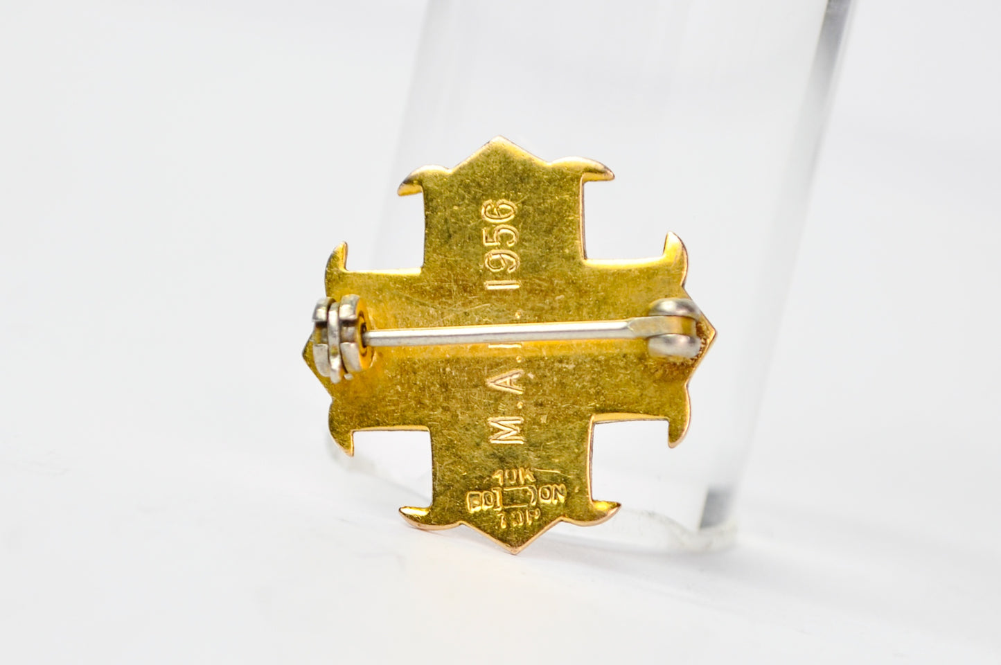 Vintage 10K Gold J. H. Monogram Red Enamel Cross Lapel Pin - M. A. F. 1956 Engraved - Boston Made - Ten Karat Gold Red Cross Brooch