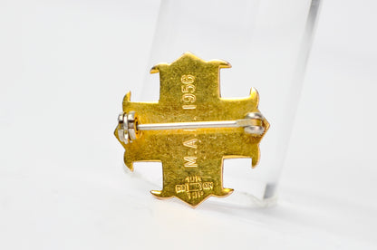 Vintage 10K Gold J. H. Monogram Red Enamel Cross Lapel Pin - M. A. F. 1956 Engraved - Boston Made - Ten Karat Gold Red Cross Brooch