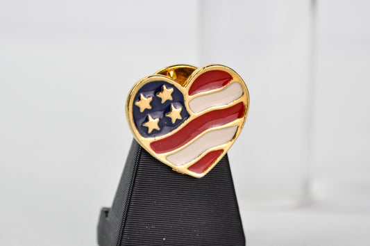 Vintage Avon Gold-Toned Enamel American Flag Heart Lapel Pin - 2001 Avon USA Red White and Blue Heart Tie Tac Pin Brooch