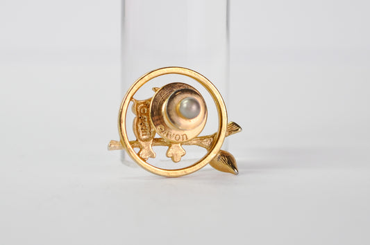 Vintage 1970s Avon Gold-Toned Owls Lapel Pin - 70s Avon Gold Two Owls on Branch Tie Tac Pin Brooch