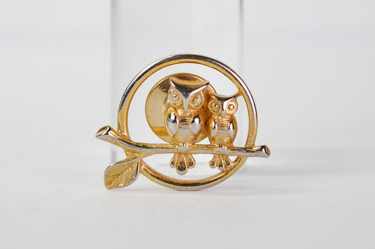 Vintage 1970s Avon Gold-Toned Owls Lapel Pin - 70s Avon Gold Two Owls on Branch Tie Tac Pin Brooch