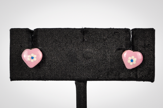 Vintage Sterling Silver Hand Painted Pink Flower Heart Stud Earrings - Stamped "925 Italy"- Dainty Italian Sterling Pink Heart Stud Earrings