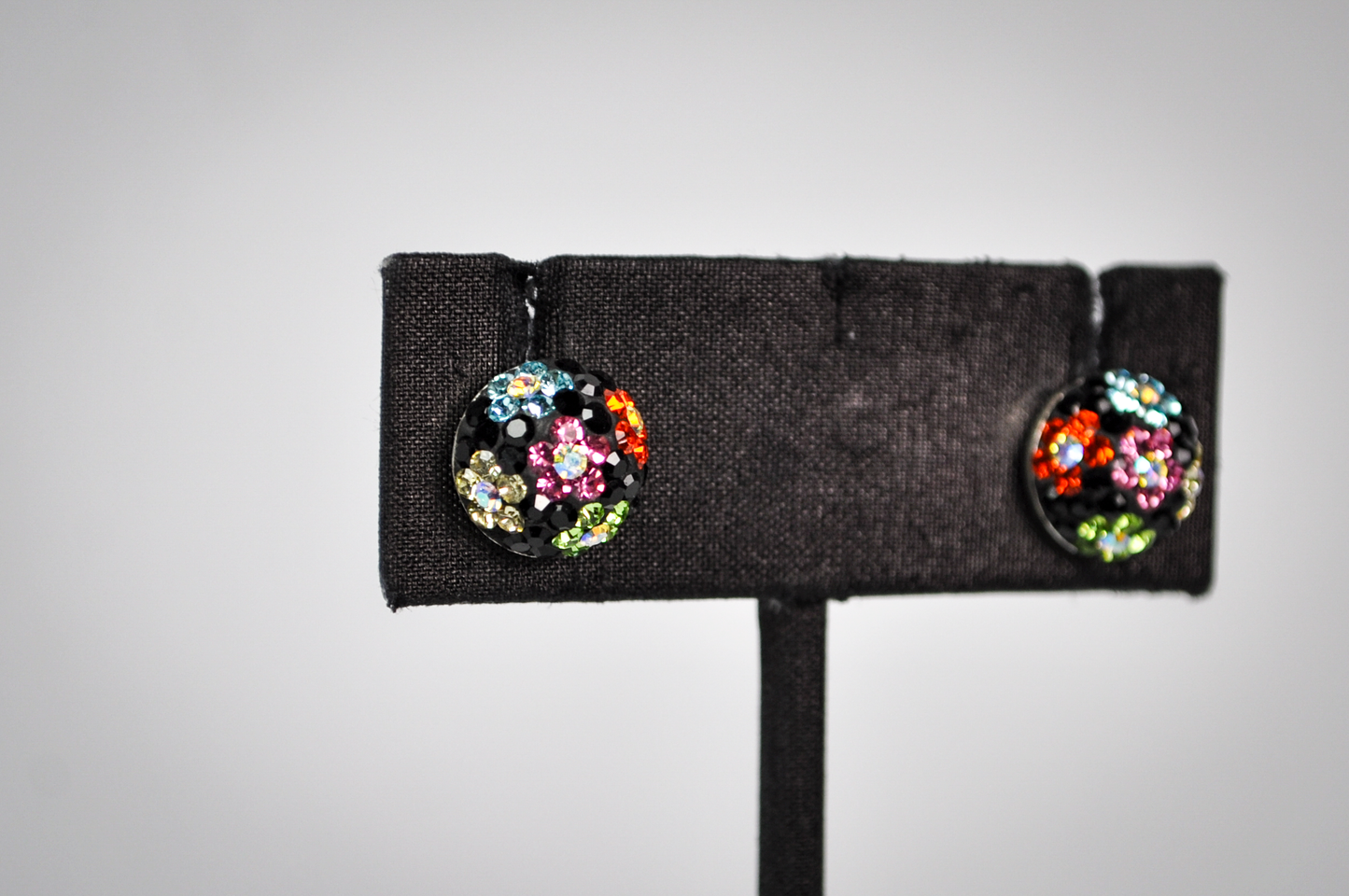 Vintage Sterling Silver Colorful Flower Pattern Rhinestones Stud Earrings - Stamped 925 -Adorable Rainbow Flowers Disco Ball Stud Earrings