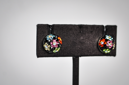 Vintage Sterling Silver Colorful Flower Pattern Rhinestones Stud Earrings - Stamped 925 -Adorable Rainbow Flowers Disco Ball Stud Earrings