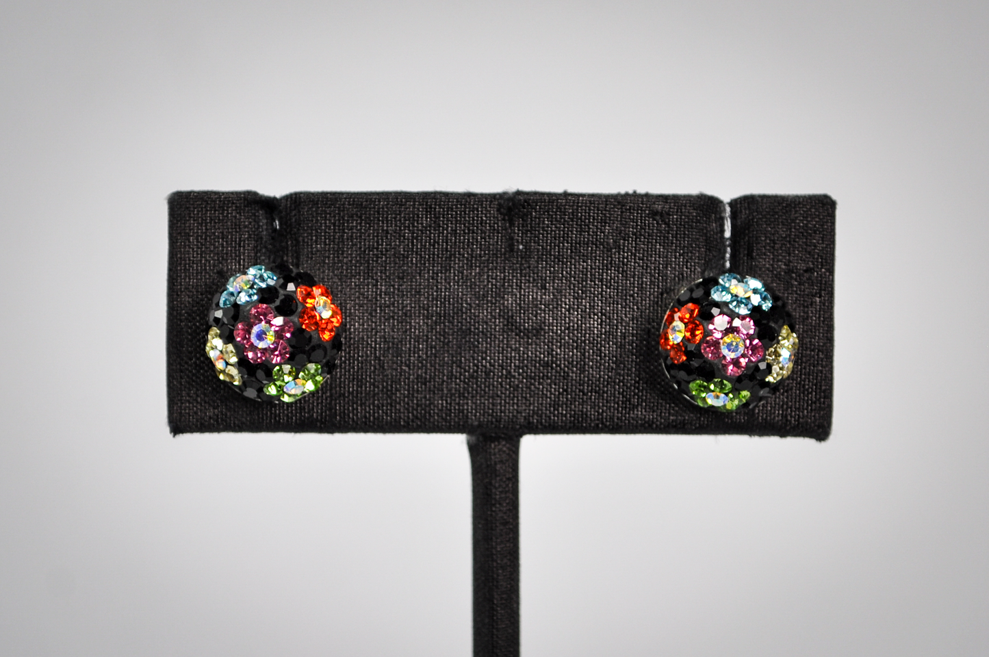 Vintage Sterling Silver Colorful Flower Pattern Rhinestones Stud Earrings - Stamped 925 -Adorable Rainbow Flowers Disco Ball Stud Earrings