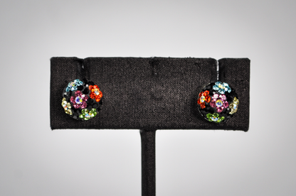 Vintage Sterling Silver Colorful Flower Pattern Rhinestones Stud Earrings - Stamped 925 -Adorable Rainbow Flowers Disco Ball Stud Earrings