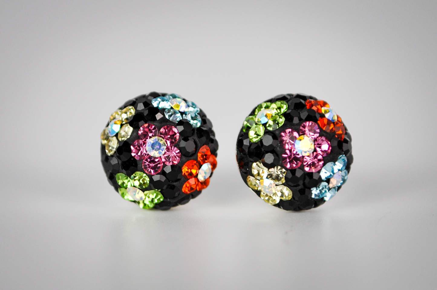 Vintage Sterling Silver Colorful Flower Pattern Rhinestones Stud Earrings - Stamped 925 -Adorable Rainbow Flowers Disco Ball Stud Earrings
